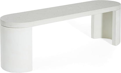 Christopher Knight Home Duro Durable Concrete Outdoor Bench with Modern White Terrazzo Effect, Outdoor Dining Chair, Oval Garden Bench with Pedestal Base, Extra Seating for Patio/Balcony, White