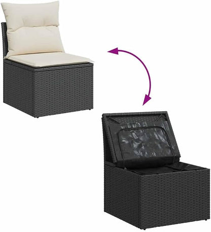 Armless Garden Chair Black Cream White with Under Seat Storage, Sturdy Poly Rattan Weather Resistant Outdoor Furniture for Patio Lounge, Modular Design Comfortable Seating