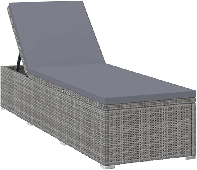 Sun Lounger with Cushion Poly Rattan Gray, Outdoor Chaise Lounge Chair for Beach, Sunbathing, Patio, Pool, Lawn, Deck, Lay Flat Portable Lightweight