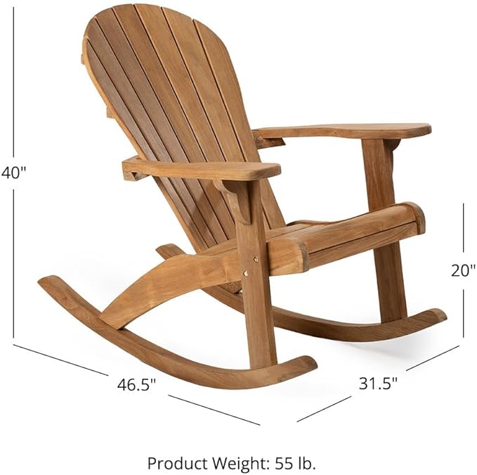 Ash & Ember Savannah Grade A Teak Adirondack Rocking Chair, Patio Lounge Seat for Deck, Porch, or Backyard Indoor Outdoor Use, Weather Resistant, Gently Curved Seat and Back with Tight Slats