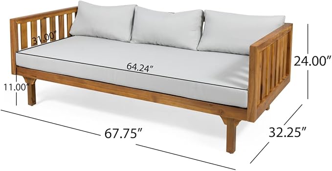 Christopher Knight Home Tina Outdoor 3 Seater Acacia Wood Daybed, Teak Finish, Light Grey - Photo 3