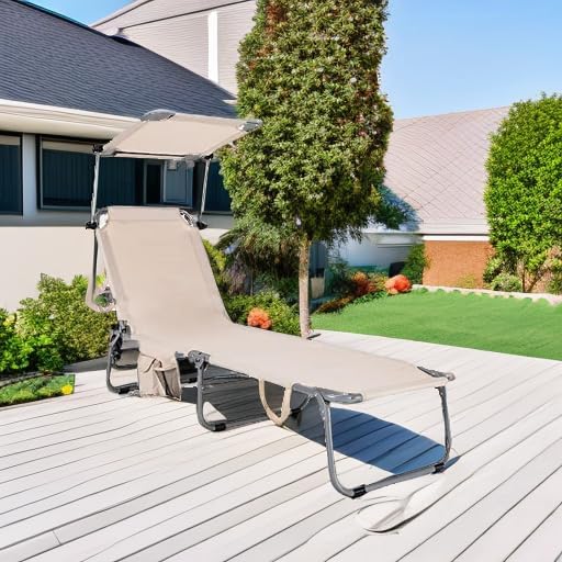Giantex Outdoor Folding Chaise Lounge, Portable Tanning Chair with 5 Adjustable Positions, 360°Rotatable Canopy Shade - Photo 2