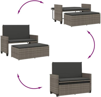 Garden Bench Grey PE Rattan 2-Seater Convertible,Luxury Outdoor Garden Bench with Convertible Sofa Bed Design Patio Furniture