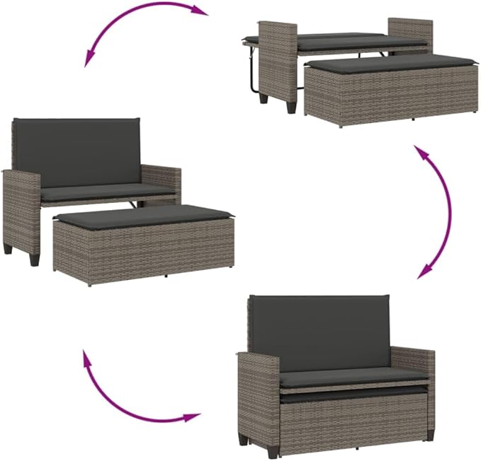 Garden Bench Deck Bench Patio Bench with Cushions and Footstool Gray Poly Rattan - Photo 8
