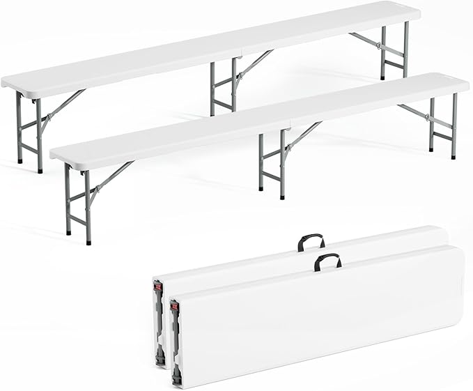 VINGLI 6 feet Plastic Folding Bench,Portable in/Outdoor Picnic Party Camping Dining Seat, Garden Soccer Multipurpose Entertaining Activities, Smooth HDPE Tabletop (2, White, 8ft)