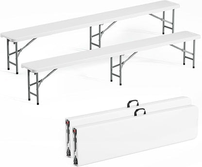 VINGLI 6 feet Plastic Folding Bench,Portable in/Outdoor Picnic Party Camping Dining Seat, Garden Soccer Multipurpose Entertaining Activities, Smooth HDPE Tabletop (2, White, 8ft)