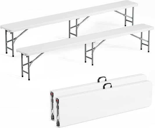 VINGLI 6 feet Plastic Folding Bench,Portable in/Outdoor Picnic Party Camping Dining Seat, Garden Soccer Multipurpose Entertaining Activities, Smooth HDPE Tabletop (2, White, 8ft)