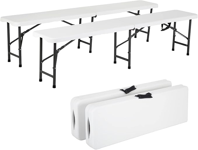 6FT Bench Chair Plastic Folding Bench Plastic Portable Outdoor Bench Garden Bench with Carrying Handle and Lock for Camping Picnic Party Dining 2 Pack White