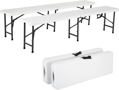 6FT Bench Chair Plastic Folding Bench Plastic Portable Outdoor Bench Garden Bench with Carrying Handle and Lock for Camping Picnic Party Dining 2 Pack White