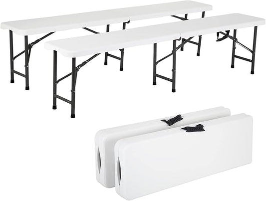 6FT Bench Chair Plastic Folding Bench Plastic Portable Outdoor Bench Garden Bench with Carrying Handle and Lock for Camping Picnic Party Dining 2 Pack White