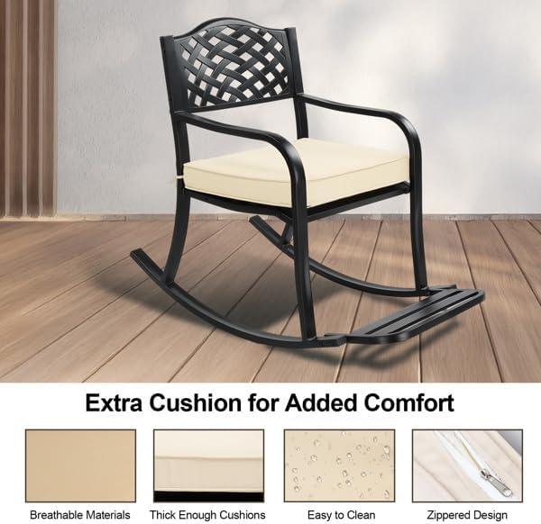 Outdoor Metal Rocking Chair with Cushion and Footrest, Weather Resistant Rocker Bench for Patio Garden Yard, Black - Photo 5