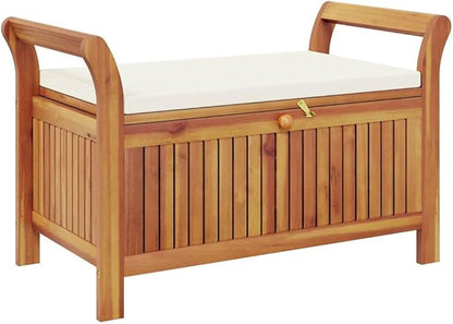 Solid Acacia Wood Outdoor Storage Bench Garden Bench Cream White Natural Wood 36x36x23.6in Rectangular Spacious Storage Modern Design Furniture for Patio Balcony Garden
