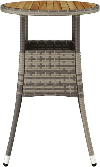 Garden Table with Grey Poly Rattan Round Top and Solid Acacia Wood Base, Powder-Coated Steel Frame for Outdoor Dining and Relaxation, Durable Construction and Easy Care, 23.6