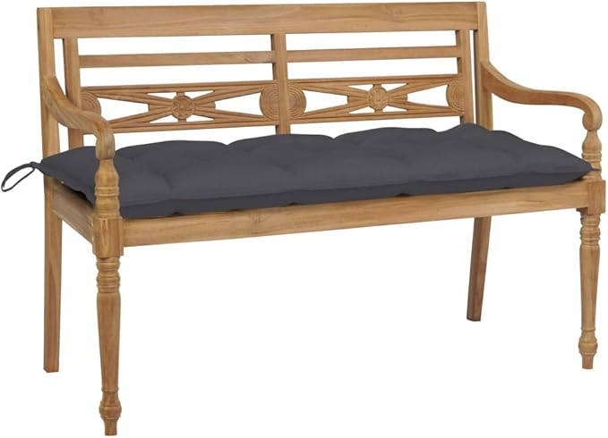 Batavia Bench with Anthracite Cushion, Outdoor Bench, Bench with armrests, Garden Furniture Bench, Wooden Bench with Backrest for Patio, Garden, Yard, Lawn, 47.2" Solid Teak Wood