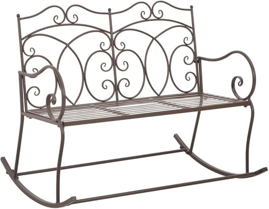 Antique Brown Wrought Iron Garden Bench with Rocking Feature, Medium Size Outdoor Seating for Two, Durable Patio Furniture, Classic Vintage Design for Balcony or Garden Decor