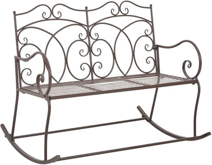 Antique Brown Wrought Iron Garden Bench with Rocking Feature, Medium Size Outdoor Patio Bench for Two, Durable Vintage Design for Balcony and Garden Seating, Sturdy Wrought