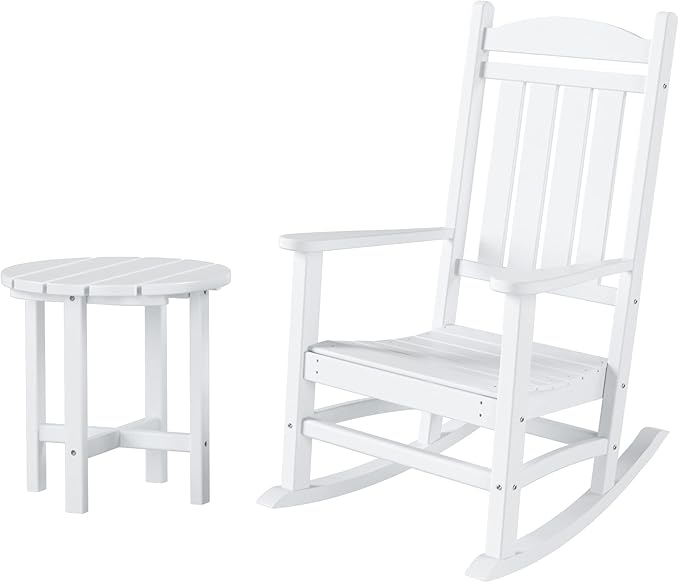 WestinTrends Malibu Malibu Outdoor Patio Porch Rocking Chair with Side Table Set, White