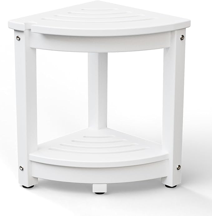 VINGLI Outdoor Side Table, HDPE Space-Saving Patio Side Table Corner Table Shower Bench, Waterproof 2-Tier Patio End Tables for Balcony Garden Deck (White)