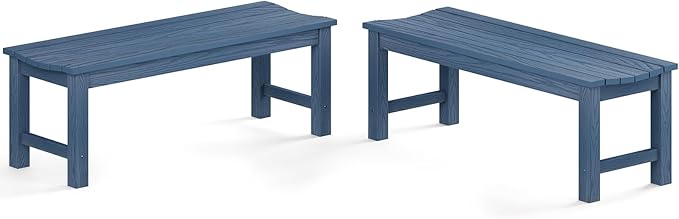 Outdoor Bench Set of 2, 2-Person Patio Backless Benches, HIPS Weatherproof Garden Bench that Never Rot and Fade, Suit for Backyard, Church, Patio, Deck and Entryway (Blue)