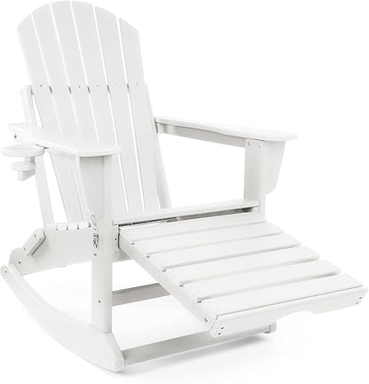 FUNBERRY Adirondack Rocking Chair, Multifunctional 4-in-1 Porch Rocker with Retractable Ottoman & Cup Holder HDPE All Weather