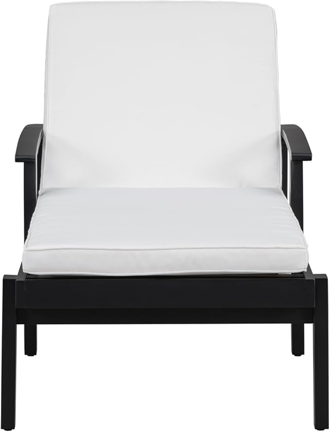 Outdoor Chaise Lounge Chair, Pool Lounge Chairs with Wheels, 5-Position Adjustable Backrest & Wood Frame, Patio Lounge Chair for Pool Poolside Sunbathing Backyard Beach (Black White)