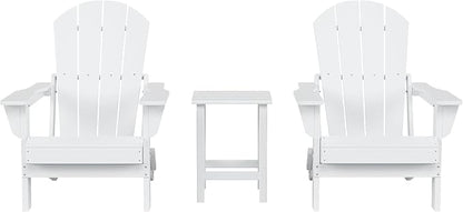 Costaelm 3 piece Patio Set, Outdoor Modern Adirondack Table and Chairs, All Weather Balcony Furniture Set Lounge Firepit Chairs for Outside Deck Garden Lawn Pool, White