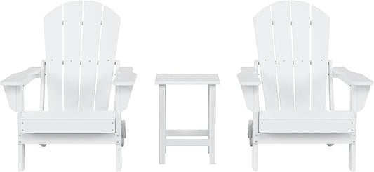 Costaelm 3 piece Patio Set, Outdoor Modern Adirondack Table and Chairs, All Weather Balcony Furniture Set Lounge Firepit Chairs for Outside Deck Garden Lawn Pool, White