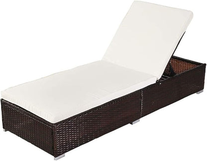 VINGLI Adjustable Wicker Patio Chaise Lounge Outdoor, Rattan Outdoor Lounge Chair, All Weather Patio Chaise Lounge with Adjustable Backrest and Soft Cushions Wicker Daybed (Brown)