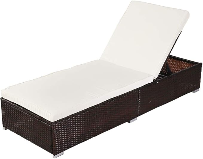 VINGLI Adjustable Backrest Outdoor Patio Wicker Rattan Lounge Chairs,Beach Poolside Chair,Chaise Lounge,Water Repellent Cushions,Beige & Cream White (Brown.)