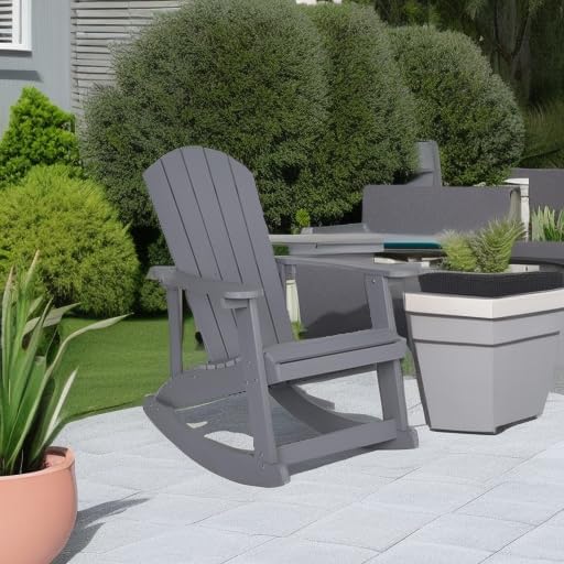 Flash Furniture Savannah Poly Resin Wood Adirondack Rocking Chair - All Weather Gray Polystyrene - Stainless Steel Hardware