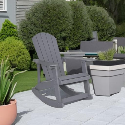 Flash Furniture Savannah Poly Resin Wood Adirondack Rocking Chair - All Weather Gray Polystyrene - Stainless Steel Hardware