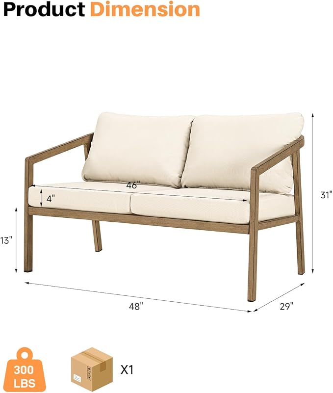 Teak Outdoor Patio Loveseat, Never-Rust Aluminum Outdoor Loveseat Couch with Thick Cushions, Modern 2-Seater Patio Sofa Bench, Outdoor Sofa Loveseat Furniture for Deck, Poolside | Never-Rust, Wood-Grain Texture, Wraparound Design, Removable Cushions