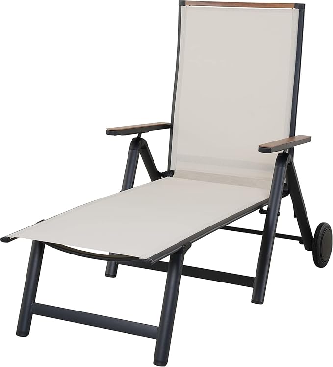 Grand patio Outdoor Chaise Lounge Chair with 6-Position Adjustable Sling Backrest, Aluminum Folding Portable Wood Grain Chair with Wheels for Beach, Backyard, Poolside, Lawn, White