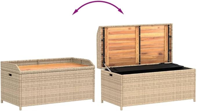 Outdoor Storage Bench with Synthetic Rattan, Acacia Wood Top, Weather-Resistant Patio Seating for Garden or Balcony Mix Beige, 19.7 x 39.4 x 20.5 in