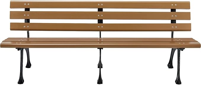 Global Industrial 6'L Outdoor Park Bench with Backrest, Recylced Plastic Slats, Wrought Iron Frame, 1985 lbs Capacity, Tan, Surface Mount, Easy Assembly
