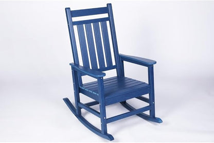 Outdoor Rocking Chair Set with Side Table, 3-Piece Rocking Chair Set with Wood-Texture,All Weather-Resistant,Black (Navy Blue + Plastic)