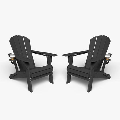 Folding Adirondack Chair with Cup Holders Set of 2, HDPE Plastic Outdoor Chairs, Weather Resistant, Real Wood Look for Patio, Deck, Fire Pit, Backyard, Black