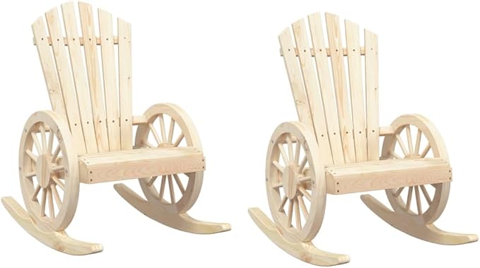 Rocking Adirondack Chair Set of 2 Solid Fir Wood Brown Stained Outdoor Furniture for Patio Garden Balcony Relaxation Seating