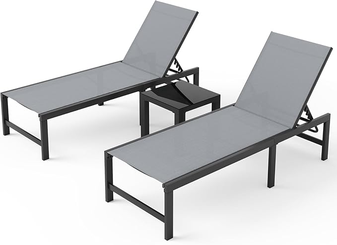 UDPATIO Outdoor Chaise Lounge Chair Set of 2 with Table Pool Lounge Chairs for Outside, Adjustable Lounger for Poolside Lawn Deck Lay Flat Sunbathing Backrest for Patio, Beach, Yard(Grey)