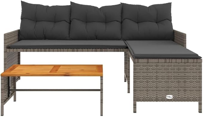 vidaXL L-Shaped Patio Sofa with Cushions and Coffee Table - Gray Poly Rattan, Powder-Coated Steel Frame, Acacia Wood Tabletop, Removable Covers for Garden, Terrace