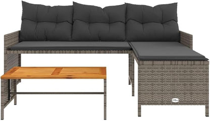 vidaXL L-Shaped Patio Sofa with Cushions and Coffee Table - Gray Poly Rattan, Powder-Coated Steel Frame, Acacia Wood Tabletop, Removable Covers for Garden, Terrace