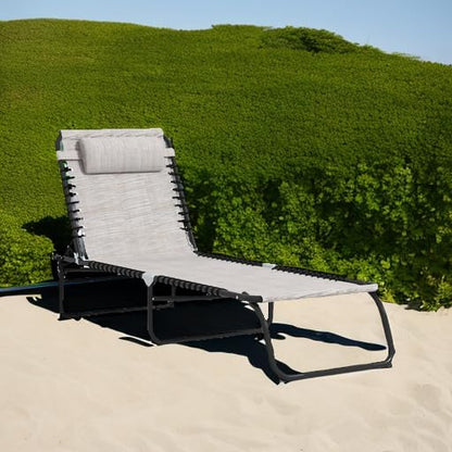Outsunny Folding Chaise Lounge Chair, Patio Sun Tanning Chair, Outdoor Chaise Lounger with 4-Position Reclining Back, Breathable Mesh Seat for Beach, Poolside, Yard, Cream White