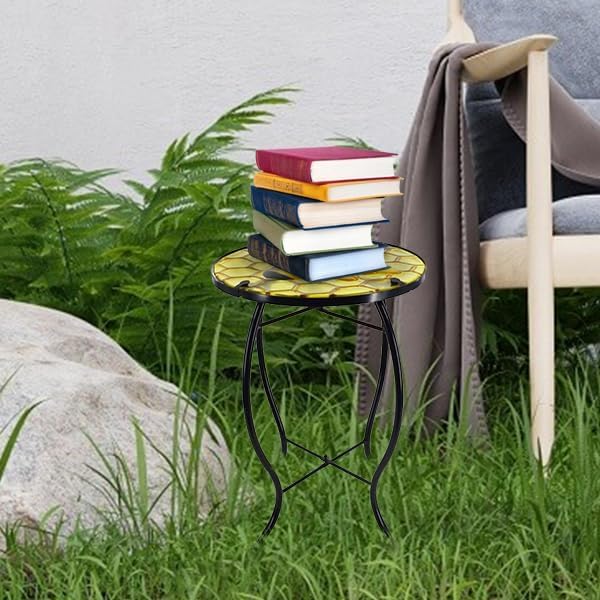 Outdoor Side Table Wasp Round Small Patio Accent Table Indoor End Table for Yard, Garden, Living Room - Photo 6