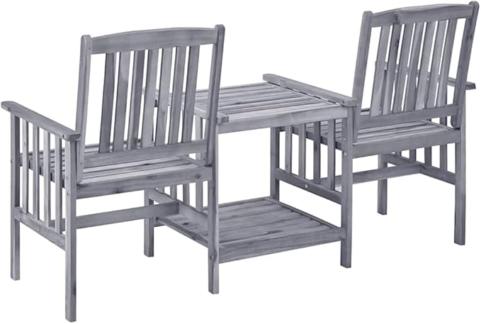 Gray Solid Acacia Wood Garden Chair with Built-in Tea Table Medium Size Outdoor Furniture Set for Patio Balcony Rustic - Photo 3