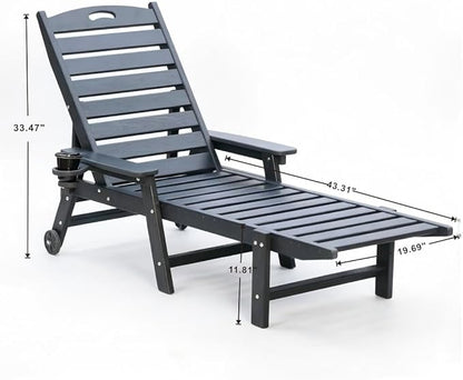 Chaise Lounge Chair Outdoor, Pool Lounge Chair with 4-Position Adjustable Backrest, Weather-Resistant HDPE Frame, Supports Up to 400 LBS for Patio, Poolside, Deck, Beach, Backyard (Black)