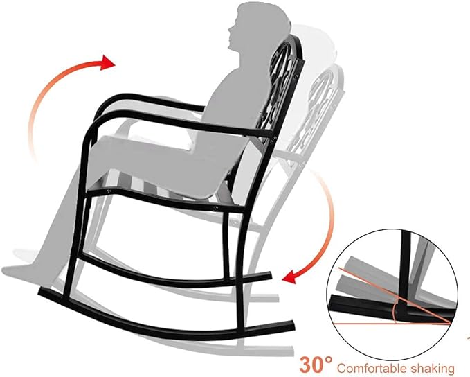 Grepatio Outdoor Patio Rocking Chair, Wrought Cast Iron Furniture Chair Metal Rocking Seat Chairs for for Deck, Backyard or Garden w/Scroll Design (Black)