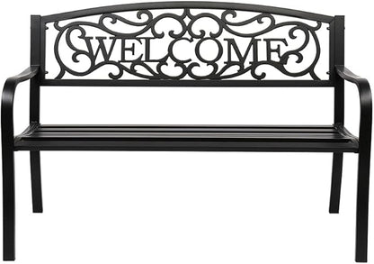 Outdoor Garden Bench,50" Patio Park Garden Bench Furniture,Iron Metal Frame Patio Park Bench with Floral Design Backrest,Arch Legs for Porch,Lawn,Garden,Yard (B)