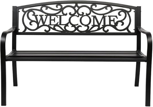 Outdoor Garden Bench,50" Patio Park Garden Bench Furniture,Iron Metal Frame Patio Park Bench with Floral Design Backrest,Arch Legs for Porch,Lawn,Garden,Yard (B)