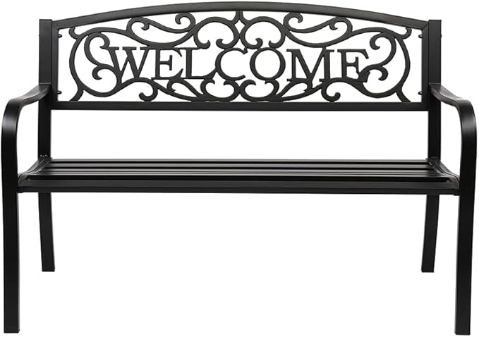 50" Garden Bench, Antique Metal Outside Bench w/Warm Welcome Pattern, Elegant Bronze Finish and Durable Iron Frame for Park Yard Porch Chair (Black)