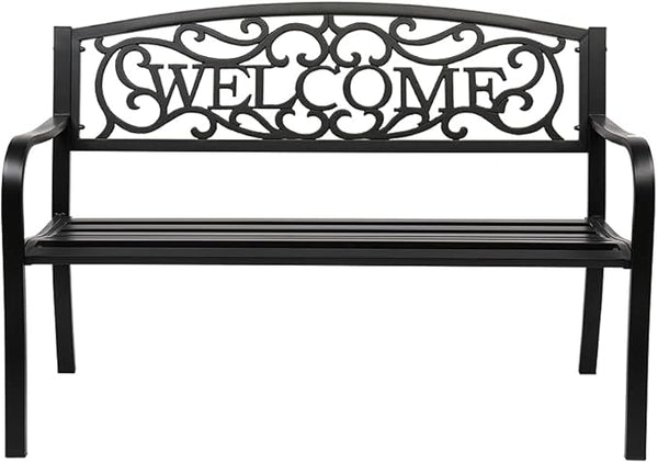 50" Garden Bench, Antique Metal Outside Bench w/Warm Welcome Pattern, Elegant Bronze Finish and Durable Iron Frame for Park Yard Porch Chair (Black)